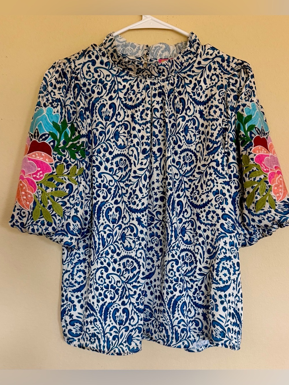 THML Blue Floral Blouse with Multicolor Embroidered sleeves size medium